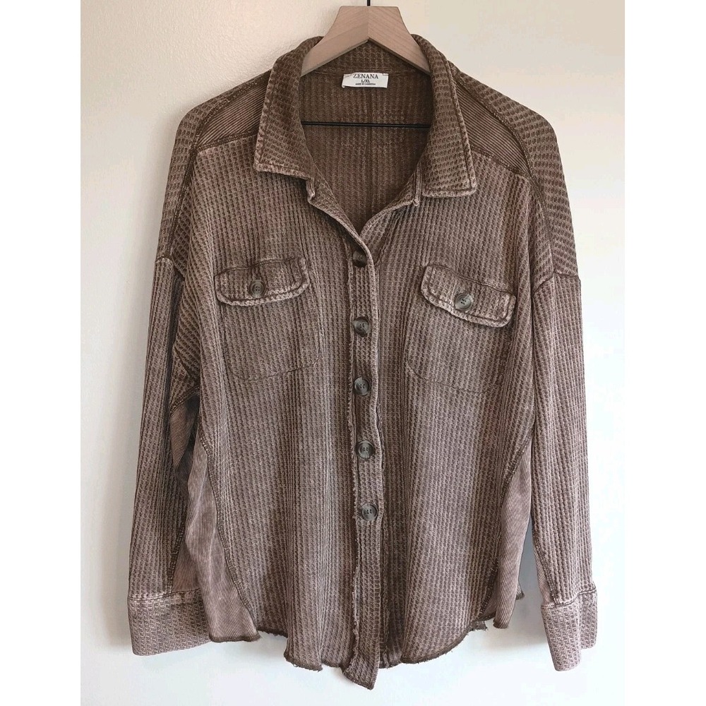 Zenana L/XL Brown Mineral Wash Waffle Knit Oversized Button Down Shirt